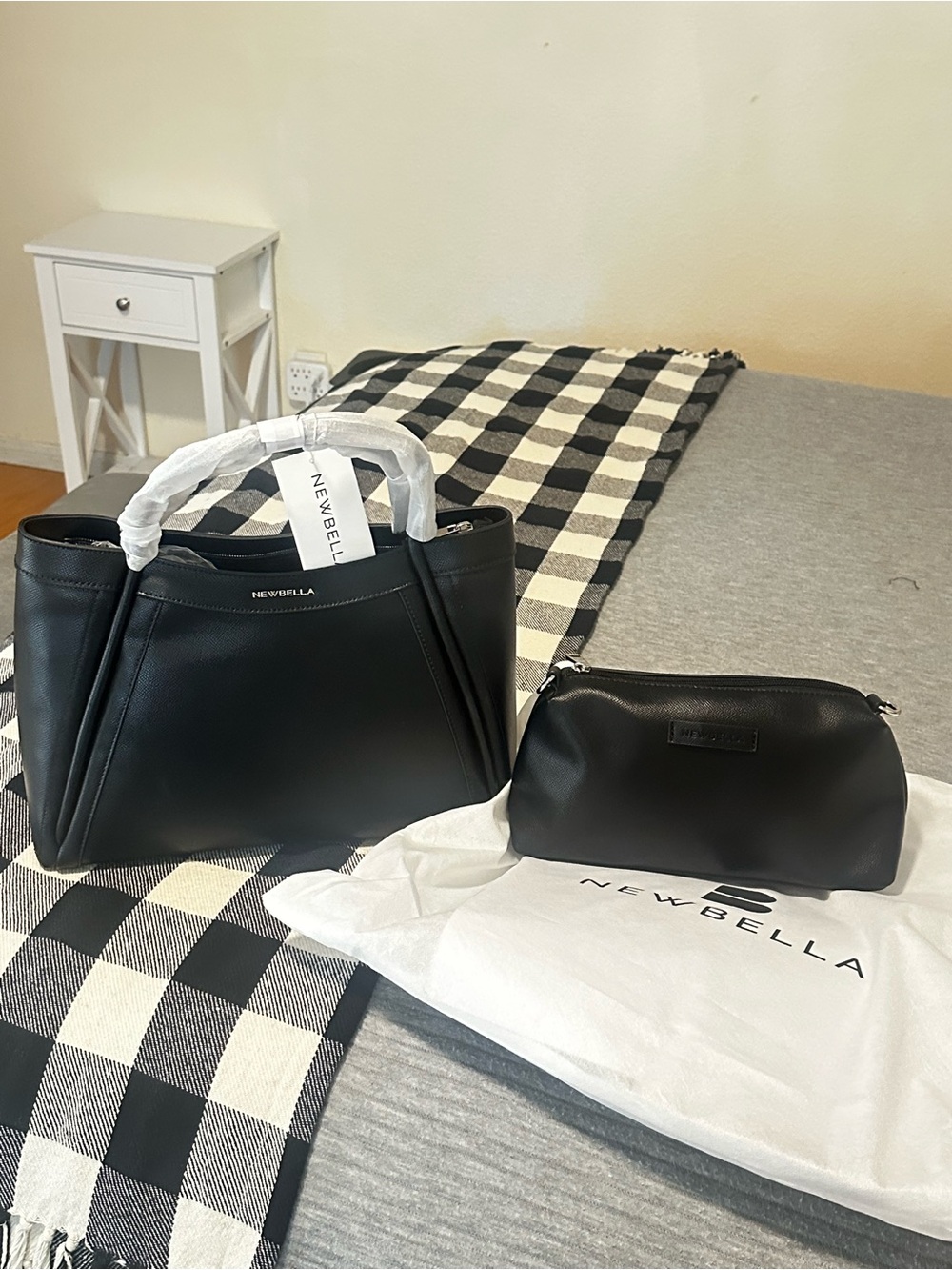 Newbella Black Leather Tote with Matching Pouch